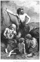 Una familia durante la edad de piedra, ilustración de 